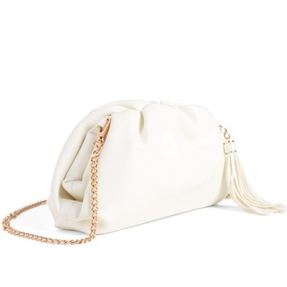 Understated Leather White Clutch‎ Purse With Tassel Gold Chain Bag